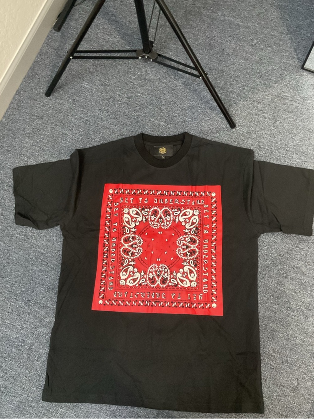 Black T-Shirt with Red Bandana Print - Men's Casual Tee